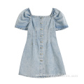 Plus Size Denim Botton Bow Short Sleeve Dress